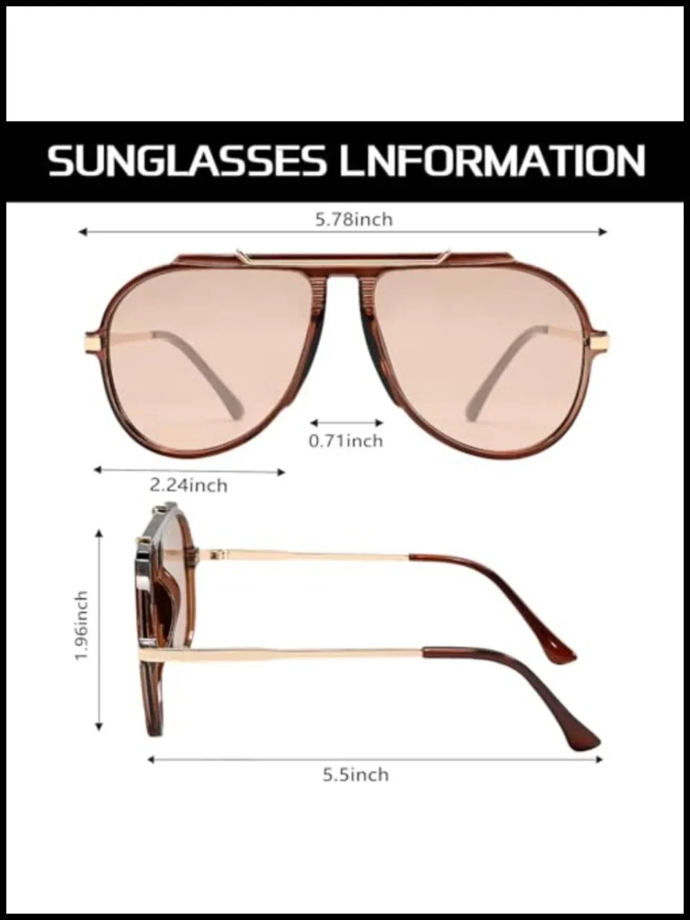 Oversized Aviator Sunglasses Gold Metal Retro 70s Tangle-Free UV400